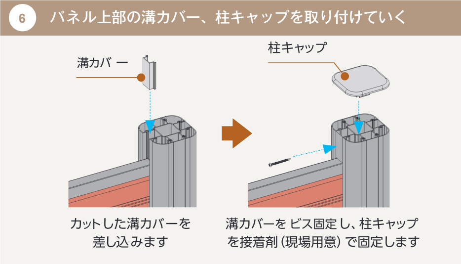 ⑥ パネル上部の溝カバー、柱キャップを取り付けていく