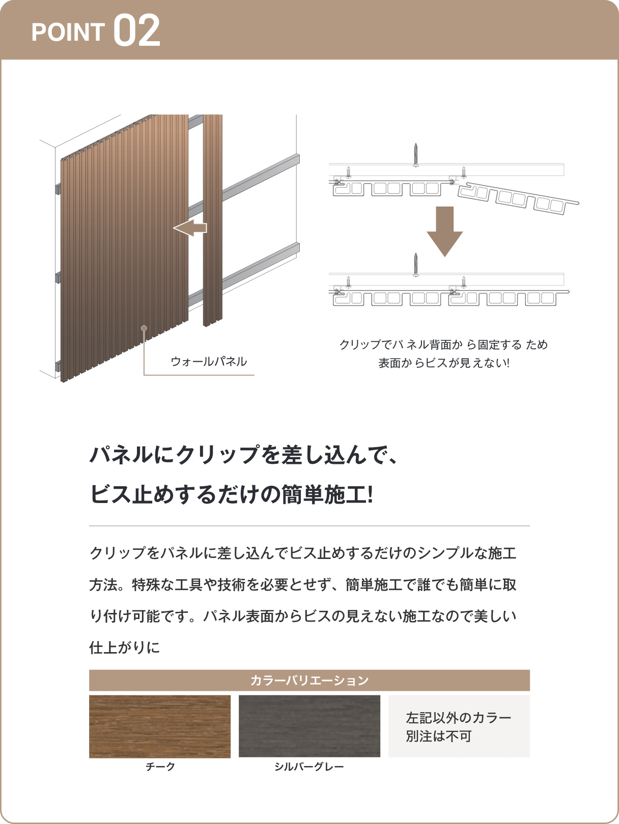 パネルにクリップを差し込んで、ビス止めするだけの簡単施工!
