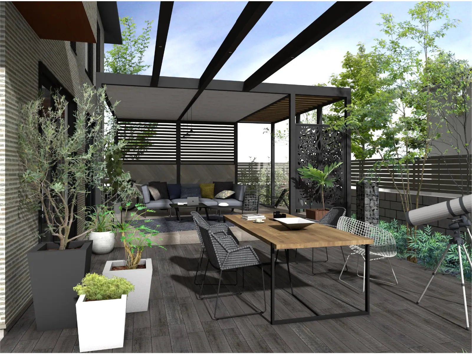 壮大な佇まいで人が集まる屋外空間