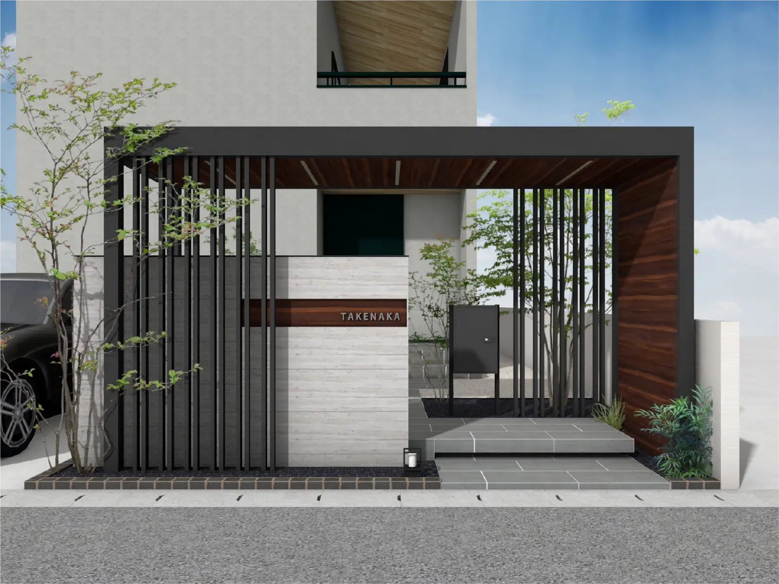 スリットを多くあしらった重厚感のある玄関ルーフ